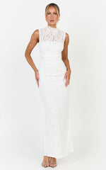 Luna Maxi Dress - Lace High Neck Sleeveless Dress in White