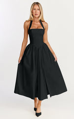 Helda Midi Dress - Halter Tie Neck Corset Panel Dress in Black