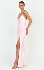 Georgie Maxi Dress - Satin V Neck Bias Cut Slip Dress in Pink