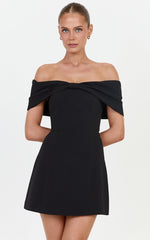 Thalia Mini Dress - Off Shoulder Bow Detail Dress in Black