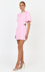 Laila Mini Linen Blend Dress - High Neck Side Cut Out Puff Sleeve Straight Dress in Pink