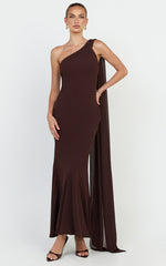 Carmilla Maxi Dress - One Shoulder Scarf Dress in Chocolate