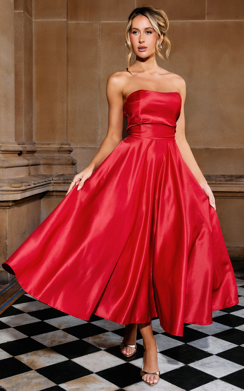 Helaina Midi Dress - Strapless A-Line Satin Dress in Red