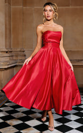 Helaina Midi Dress - Strapless A-Line Satin Dress in Red