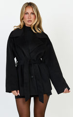 Dahlia Coat - Single Breasted Belted Short Wool Like Coat in Black