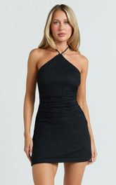 Andrea Mini Dress - Lace Halter A Line Dress in Black