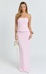 Anya Two Piece Top and Skirt Set - Strapless Fit And Flare Top And Maxi Skirt in Pink