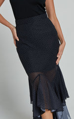 Artemisia Maxi Skirt - Frill Detail Sheer High Low Skirt in Black Polka