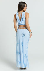 Aurora Two Piece Top and Skirt Set - Floral Sequin Cowl Neck Top And Maxi Skirt in Baby Blue