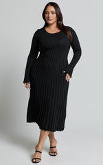 Blaire Midi Dress - Long Sleeve Tie Back Flare Dress in Black
