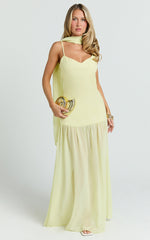 Calvin Maxi Dress - Linen Look Contrast Georgette Skirt with Neck Scarf in Lemon