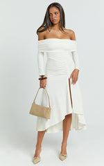 Carissa Midi Dress - Off Shoulder Long Sleeve Flounce Skirt Jersey Dress in Ivory