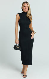 Chantelle Midi Dress - Turtle Neck Sleeveless Ruche Waist Fitted Knit Dress in Black