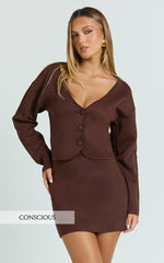 Charisse Two Piece Top and Skirt Set - Knit Cardigan And Mini Skirt in Chocolate