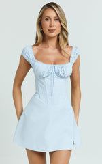Charlotte Mini Dress - Cap Sleeve Fit And Flare Dress in Blue