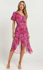 Clabelle Midi Dress - One Shoulder Ruffle Tulip Hem Dress in Violette Blur Floral