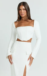 Clarissa Top - Square Neck Pearl Trim Long Sleeve Top in Off White