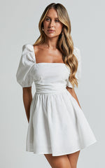 Claudina Mini Dress - Linen Look Puff Sleeve Ruched Bodice Dress in White
