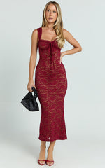 Collette Midi Dress - Ruched Bust Wide Strap Detail Lace Midi Dress in Wine