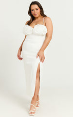 Benji Midi Dress - Ruffle Bodice Fitted Side Split Dress in Off White