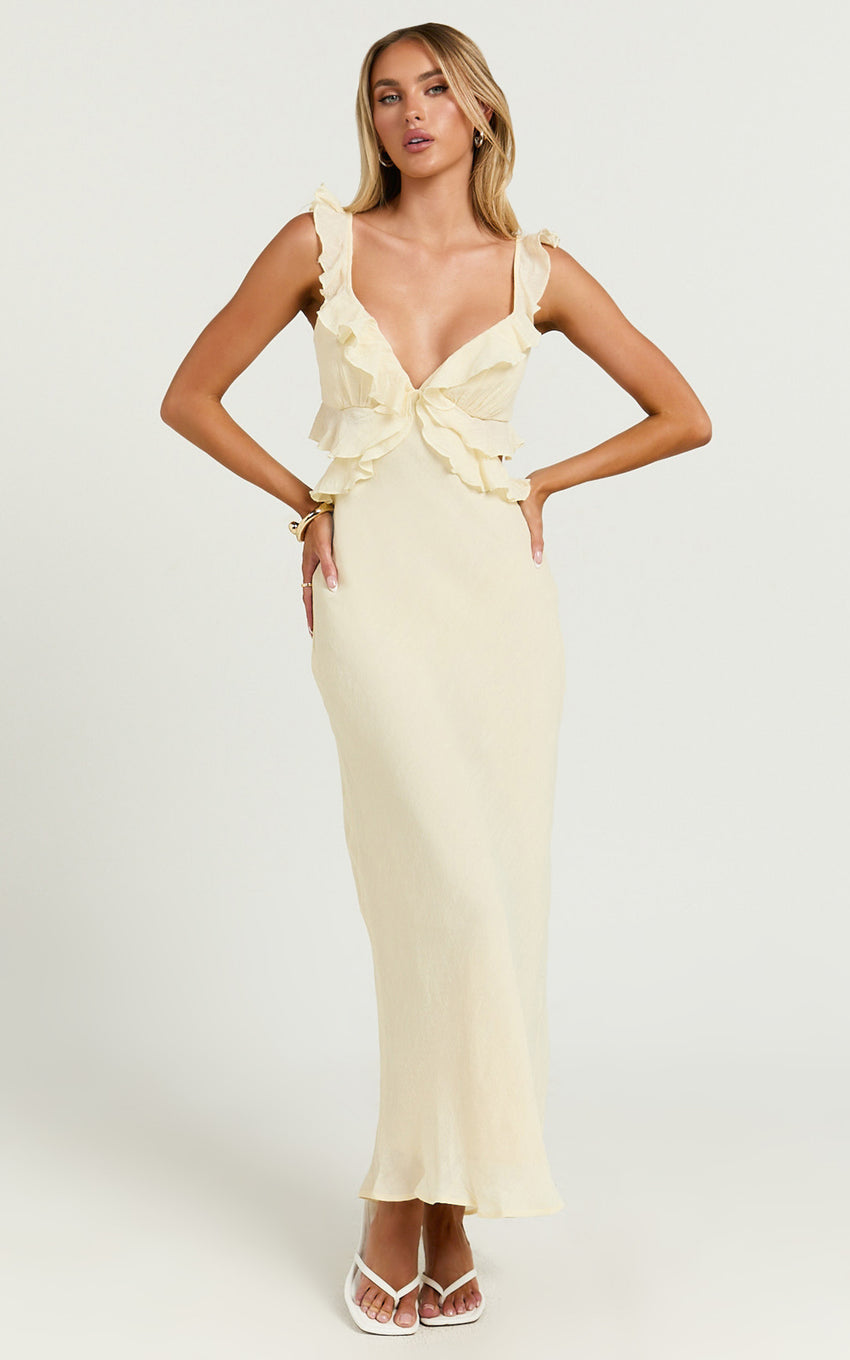Dahlia Midi Dress - Ruffle Details Slip Dress in Lemon