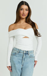 Dana Top - Off Shoulder Long Sleeve Ruched Fitted Top in White