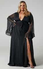 Dangerous Woman Maxi Dress - Plunge Thigh Split Dress in Black