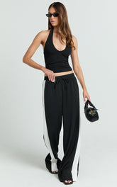 Davi Pants - Drawstring Waist Contrast Panel Tailored Pants in Black