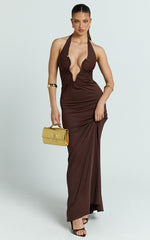 Denise Maxi Dress - Halter U Ruched Neck Cut Out Jersey Dress in Chocolate