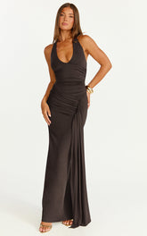Dixie Maxi Dress - Plunge Halter Low Back Dress in Chocolate