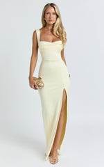 Donna Maxi Dress - Cowl Neck Column High Split Dress in Lemon