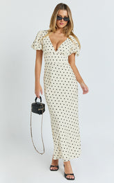 Elise Midi Dress - V Neck Puff Sleeve Dress in White Polka Dot