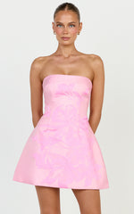 Emme Mini Dress - Strapless Jacquard Placement Floral A Line Dress in Pink