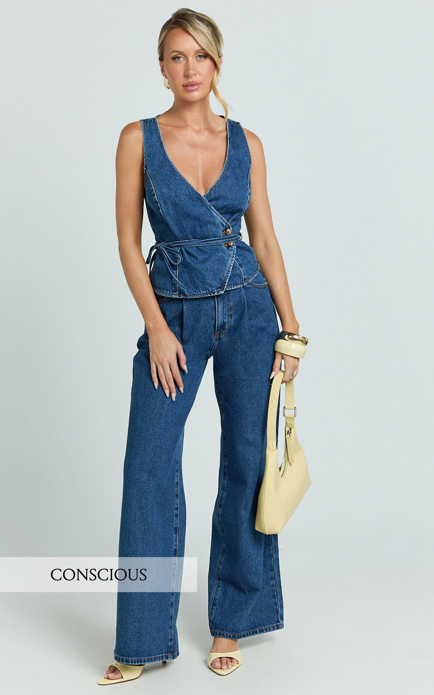 Enya Jeans - High Waist Wide Leg Pleated Denim Jeans in Dark Mid Blue