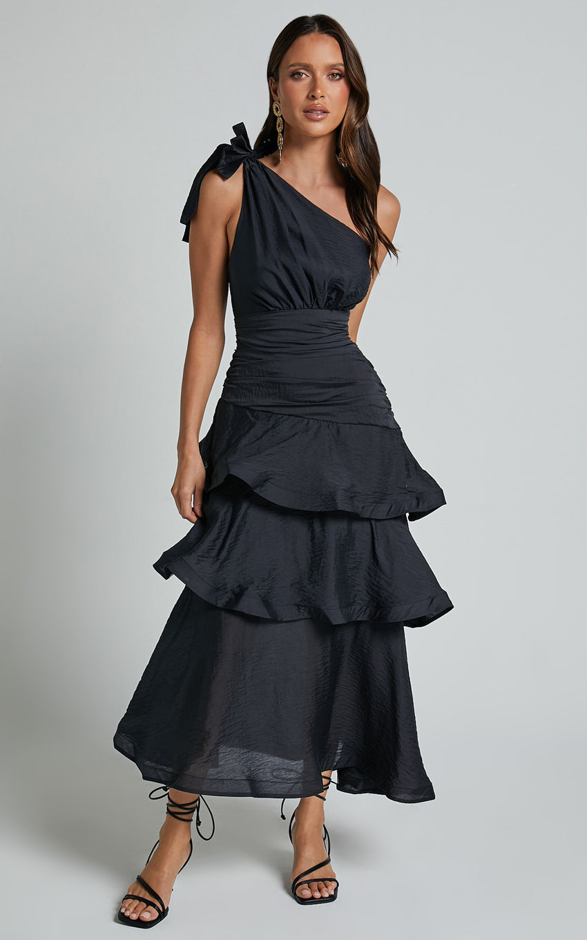 Eugenia Midi Dress - One Shoulder Fit and Flare Layered Dress in Black