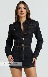 Fabia Mini Dress - Denim Hardware Button Front Fitted Shirt Dress in Dark Wash