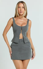 Fiona Top - Pinstripe Scoop Neck Hook And Eye Front Top in Dark Grey