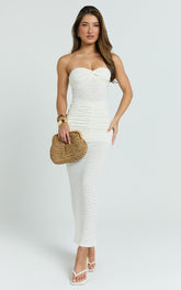 Francine Midi Dress - Strapless Twist Sheer Textured Jersey Dress in Cream