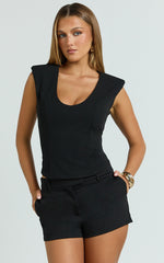 Gail Top - Sleeveless Square Shoulder Pad Deep V Jersey Top in Black