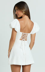 Ginny Mini Dress - Square Neck Ruched Bodice Puff Sleeve Straight Dress in White