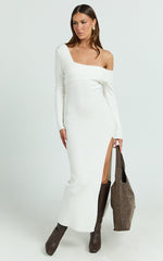 Gladys Maxi Dress - Asymmetric Shoulder Long Sleeve Knit Dress in Cream