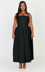 Helda Midi Dress - Halter Tie Neck Corset Panel Dress in Black