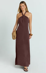 Hilda Maxi Dress - Knot Detail Halter Neck Maxi Dress in Chocolate