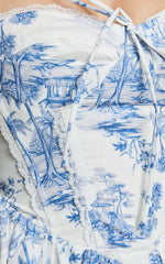 Idris Mini Dress - Lace Trim Corset Lace Up Back Dress in Toile De Jouy Print