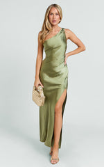 Isla Maxi Dress - Satin One Shoulder Side Split Dress in Olive