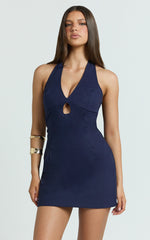 Iyesha Mini Dress - Halter Neck Keyhole Dress in Navy
