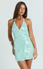 Jacintha Mini Dress - Sequin Halter Wrap Dress in Teal
