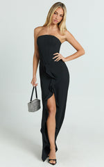 Jamilla Maxi Dress - Strapless Ruffle Front Fit And Flare Dress in Black
