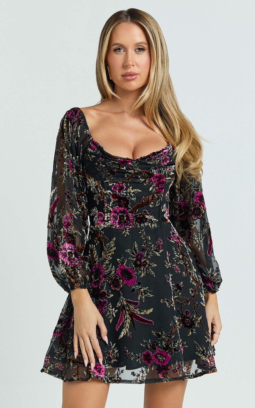 Jessell Mini Dress - Long Sleeve Cowl Corset Dress in Black Floral