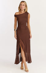Judee Midi Dress - One Shoulder High Side Split Dress in Chocolate